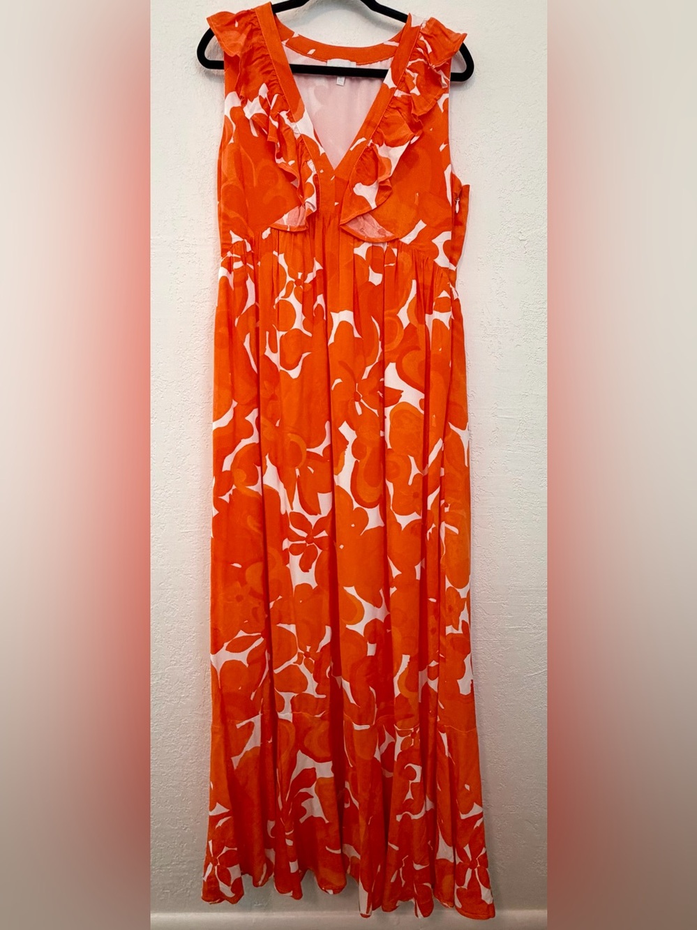 Sugarlips Orange and White Floral Ruffle V-Neck Maxi Dress